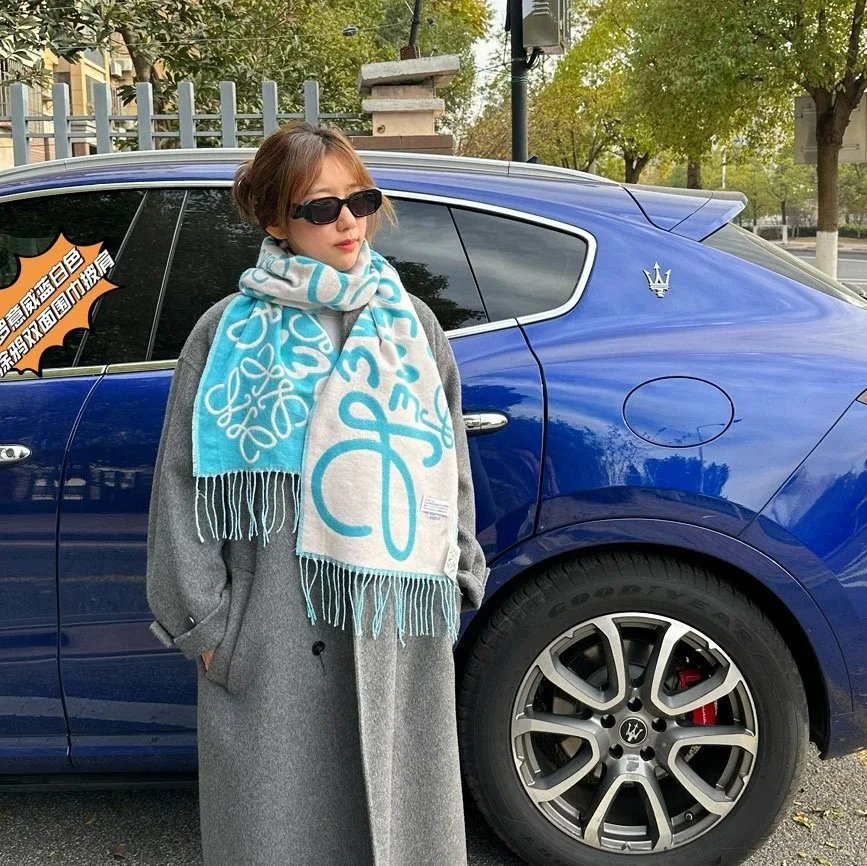 Loewe Scarves Reversible Anagram Logo Fringe Scarf — Blue and white