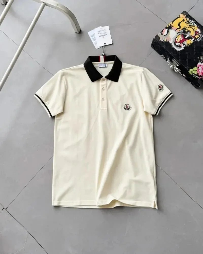 Moncler Shirts Short-Sleeve Polo Shirt with Contrast Collar — Apricot color