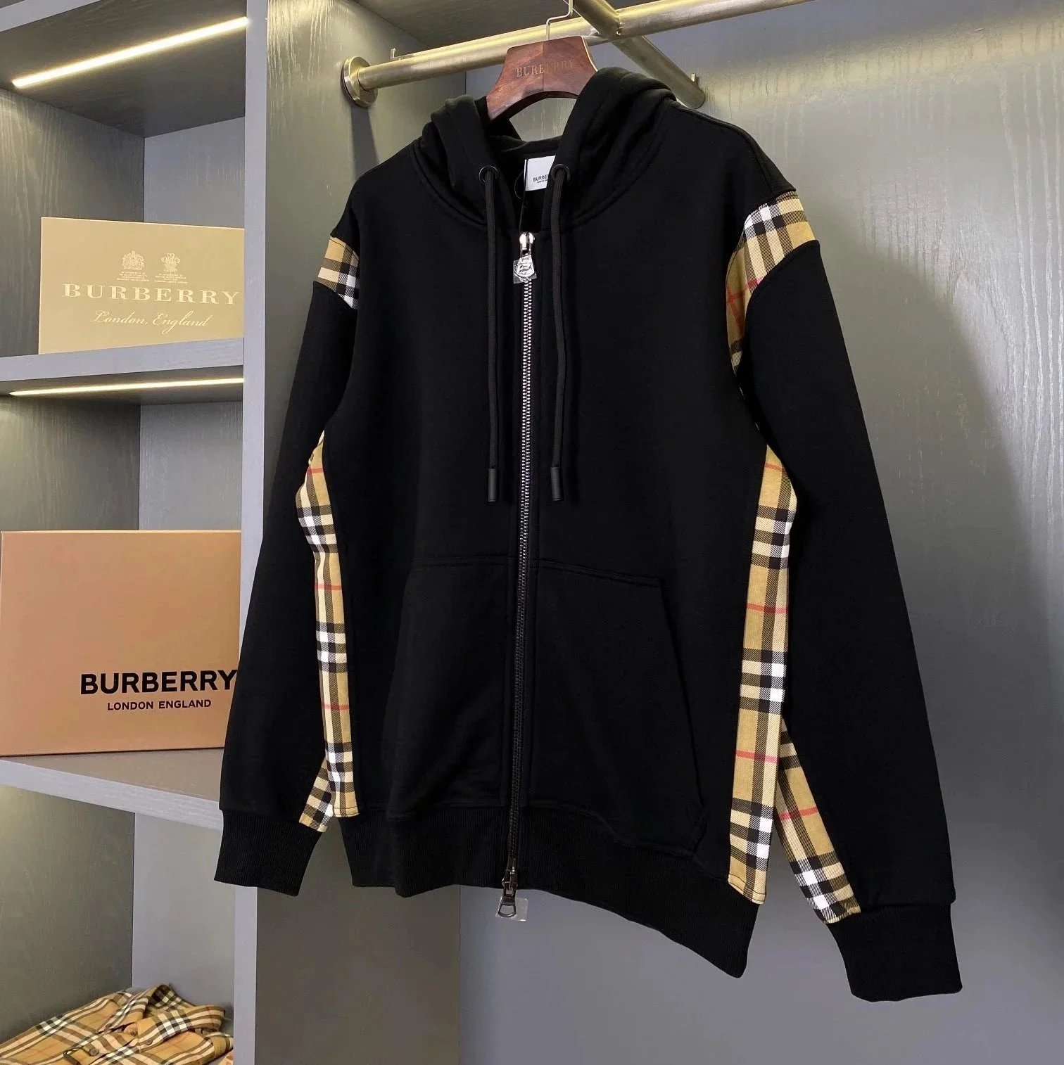 Burberry Hoodies & Sweatshirts Zip-Up Hoodie with Check Panels — Black