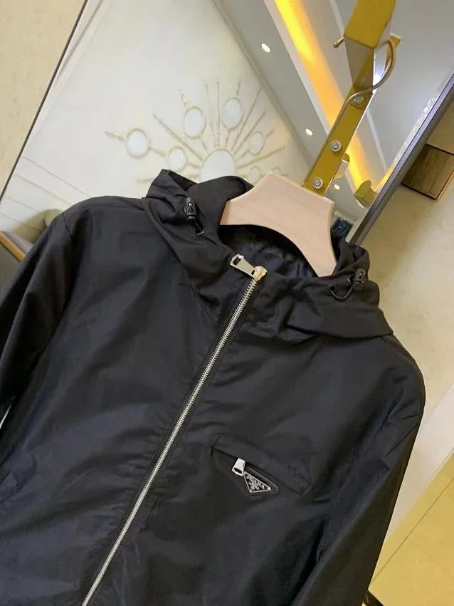Prada Jackets Hooded zip-up windbreaker with triangle chest plaque product detail image 5