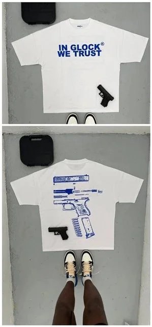 Glock T-Shirts Short-Sleeve Graphic T-Shirt with "IN WE TRUST" and Pistol Print — 【180 Ke】-X 1 Blue Letters (White)