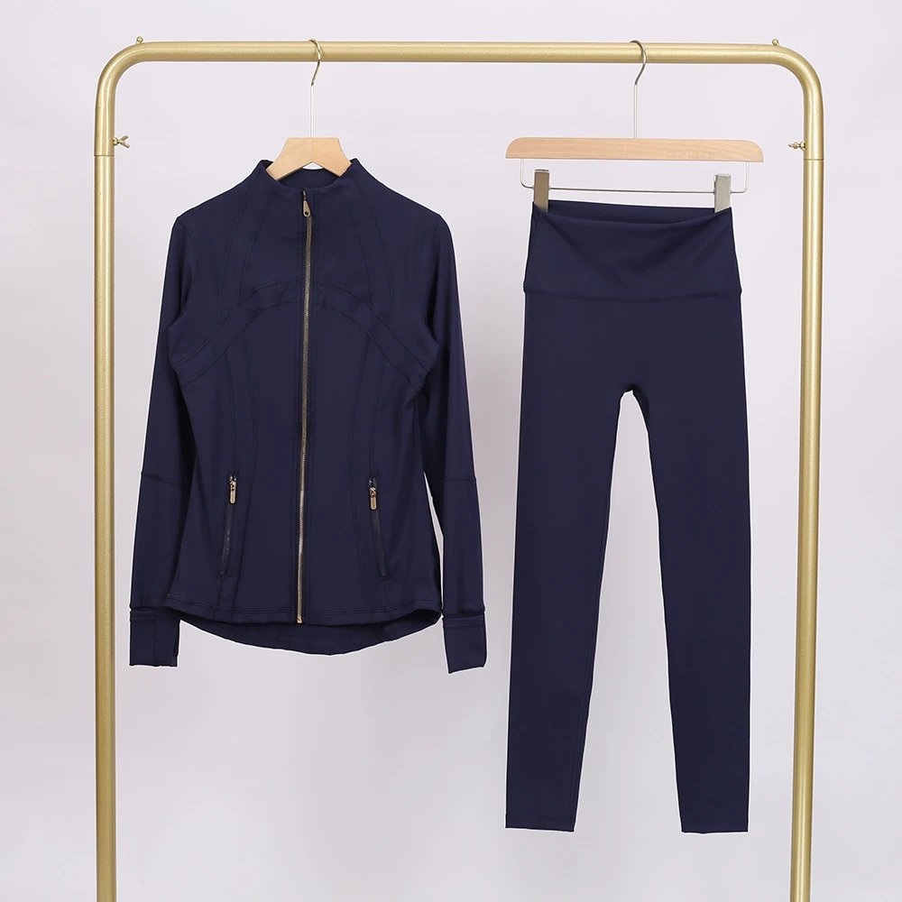 Alo Matching Sets Contrast-Trim Crop Top and Wrap-Style Skirt Set — Midnight Blue Gold-Zip Jacket and Cropped Pants Set