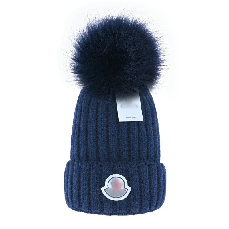 Winter Knit Beanie with Fur Pom Pom Embroidered Navy - Moncler - Cnfans - $10.81