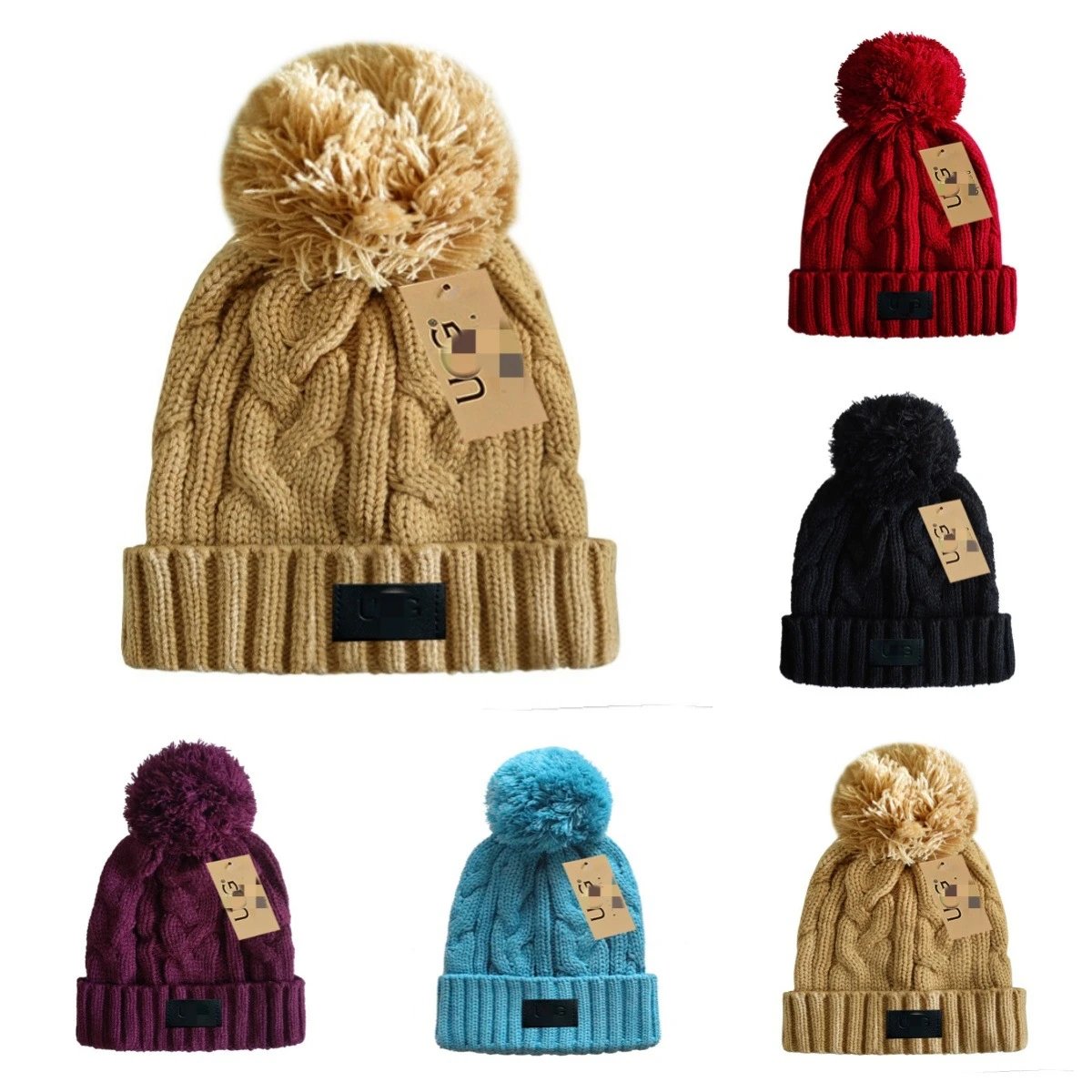 Winter Knit Beanie Hat Pom Pom Cuffed Turquoise - Gallery Image 1 - Detailed View