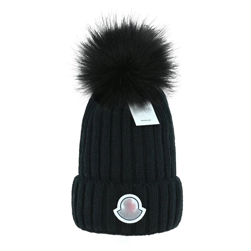 Winter Knit Beanie with Fur Pom Pom Warm Ear Hat Ebony Black - Moncler - Cnfans - $10.81