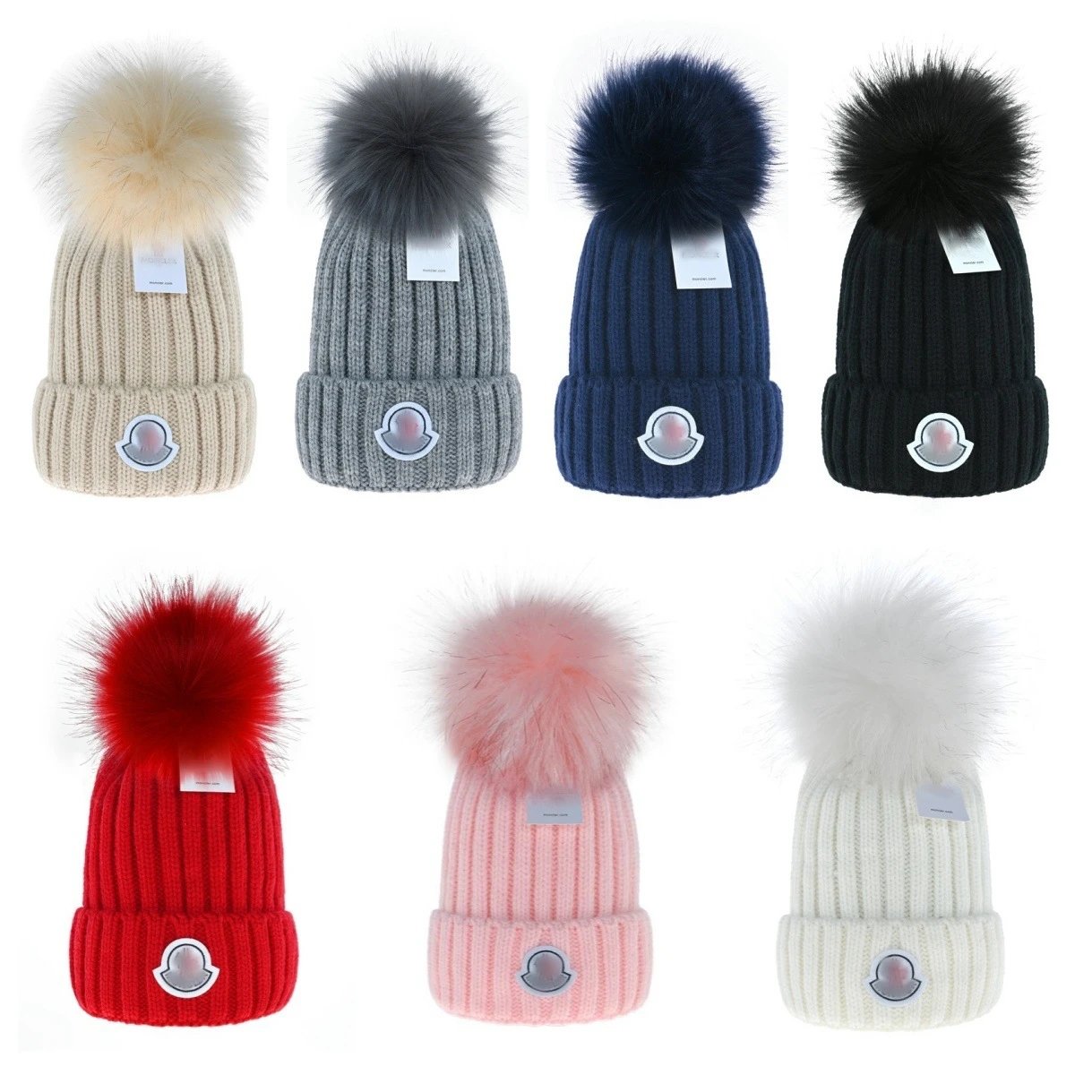 Winter Knit Beanie with Fur Pom Pom Embroidered Navy - Gallery Image 1 - Detailed View