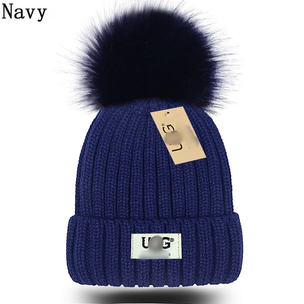 Winter Knit Beanie Fur Pom Pom Hat, Navy - UGG - Cnfans - $10.81