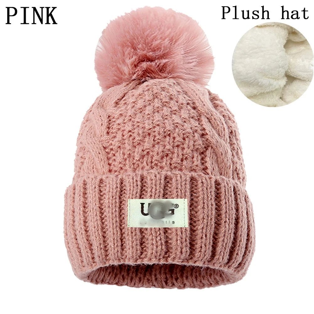 Knit Beanie Plush Pom Winter Hat Claret - Gallery Image 9 - Detailed View