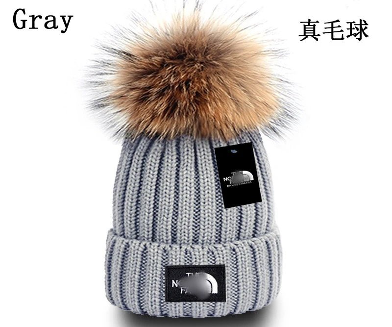 Winter Knit Beanie Real Fox Fur Pom Pom Headwear Ash - High Quality Product Image - Cnfans
