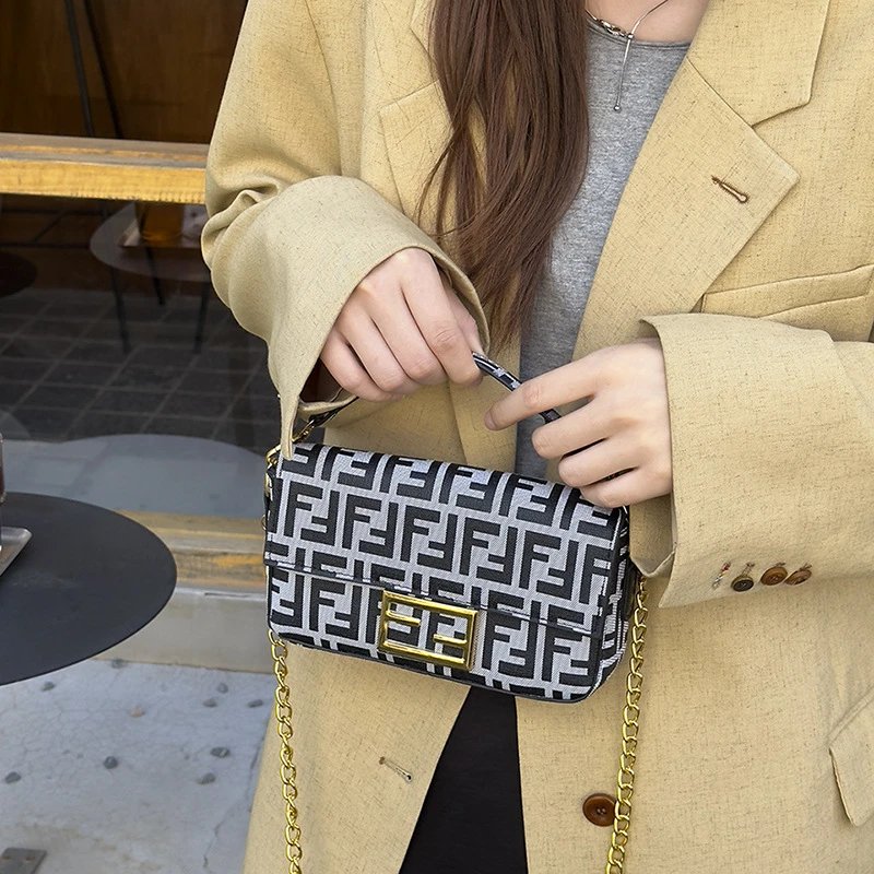 Fendi Monogram Canvas Shoulder Bag with Gold FF Clasp and Chain Strap
