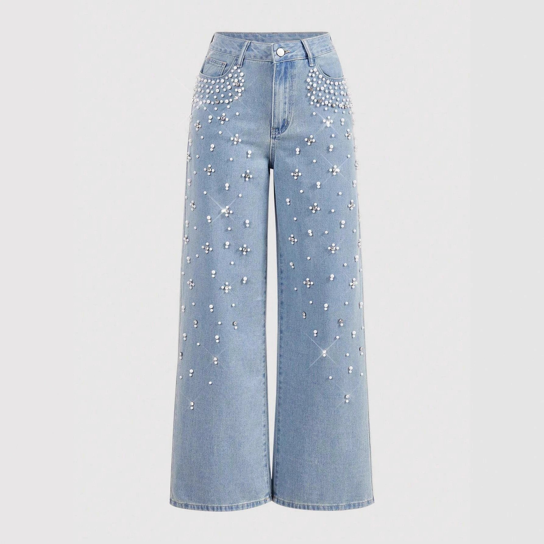 Women's Wide-Leg Jeans with Pearl and Rhinestone Embellishments
