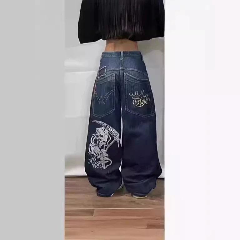 Y2K哥特风牛仔裤男美式高街个性图案宽松直筒阔腿牛仔裤 - 133496