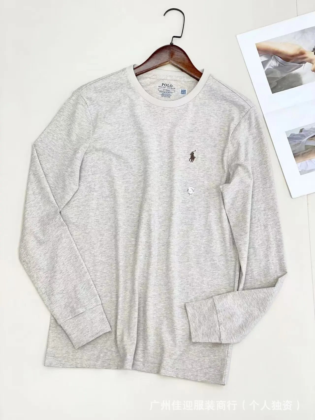 Polo Ralph Lauren T-Shirts Custom Slim Fit Long-Sleeve Pony Embroidered Crewneck — Oat color