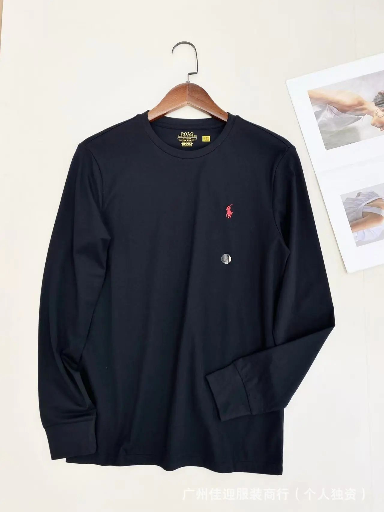Polo Ralph Lauren T-Shirts Custom Slim Fit Long-Sleeve Pony Embroidered Crewneck — Black