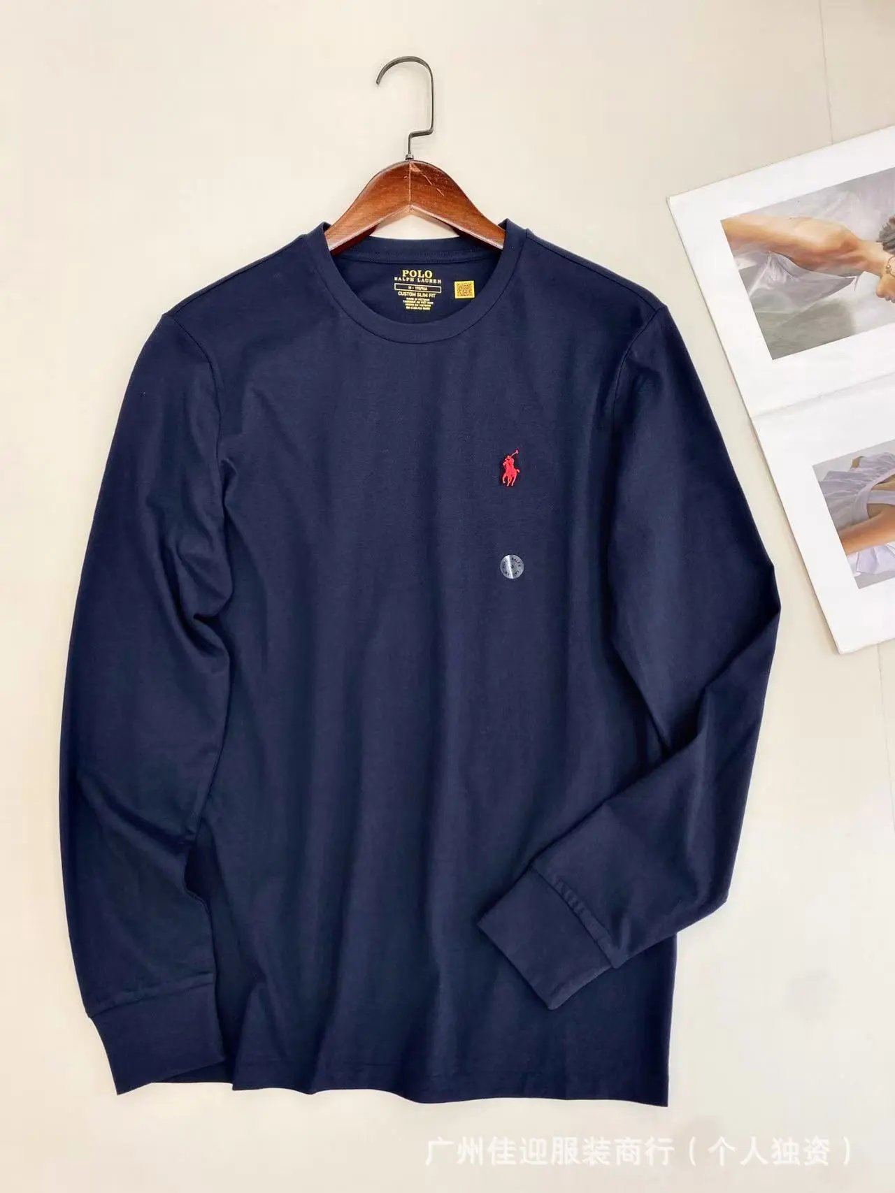 Polo Ralph Lauren T-Shirts Custom Slim Fit Long-Sleeve Pony Embroidered Crewneck — Navy Blue