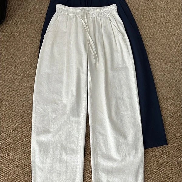 White Linen Loose Wide Leg Pants Summer Thin Straight Casual Men's Lounge Cotton-Linen Relaxed Fit Curved Hem Trousers