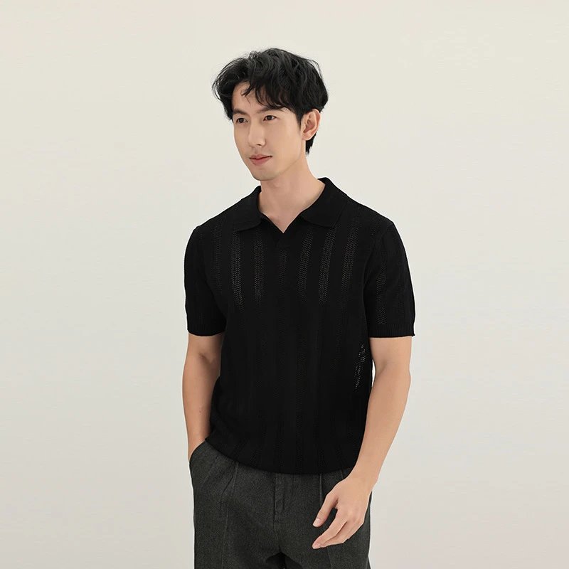 Old money style knitted sweater with hollow out breathable short sleeved fashion polo shirt