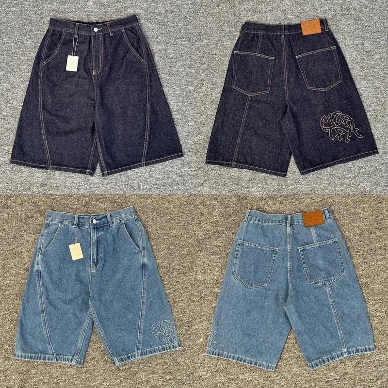 Mertra Street Retro Embroidered Alphabet Washed and Used Denim Shorts for Men and Women, Versatile, 5/10 Mid Pants, Trendy TZ