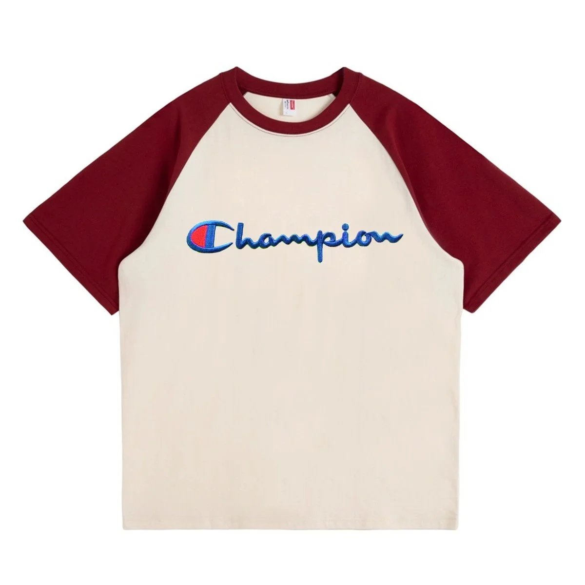 Champion T-shirt Raglan Script Logo Cream Maroon