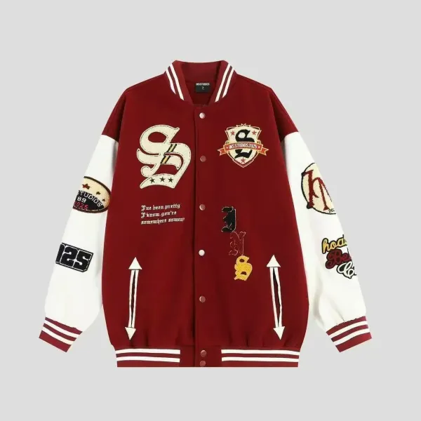 INS Studios Varsity Jacket Burgundy White Patchwork Outerwear - 1
