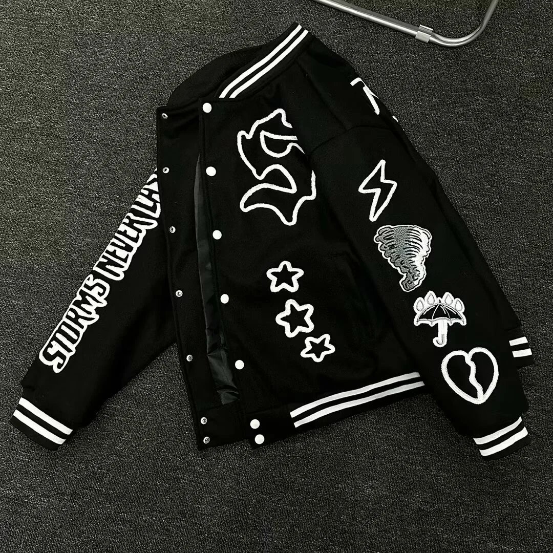 Storms Never Last Varsity Jacket Black Embroidered Outerwear - 1