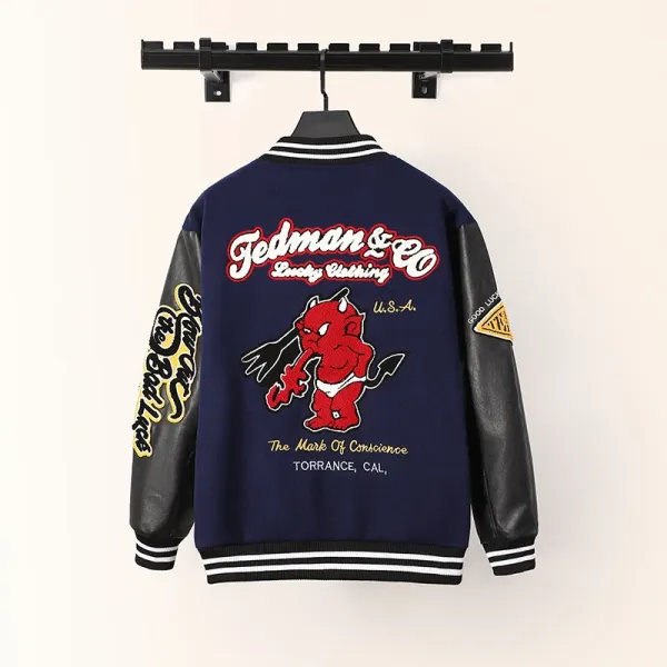 Fedman & Co Devil Varsity Jacket Navy with Leather Sleeves - 1