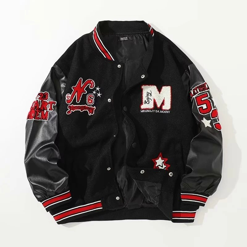 Moeny x Unknown Brand varsity Jacket Black Red Embroidered Lettering Outerwear - 1