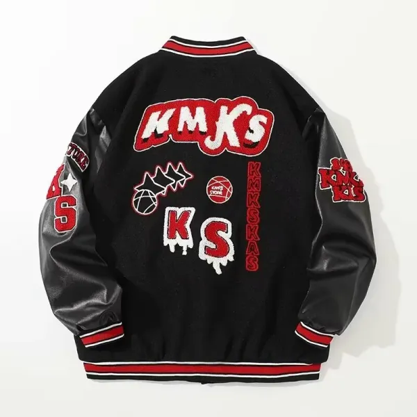 KMKs varsity jacket black red leather-sleeve outerwear - 1