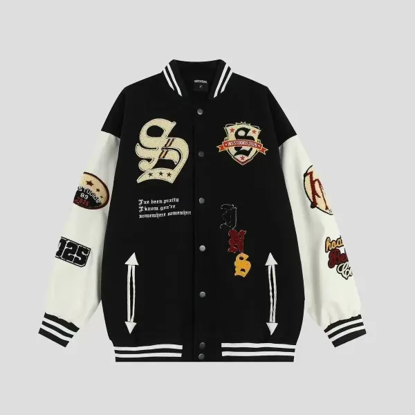 INS Studios Varsity Jacket Black and White Embroidered Patchwork Outerwear - 1