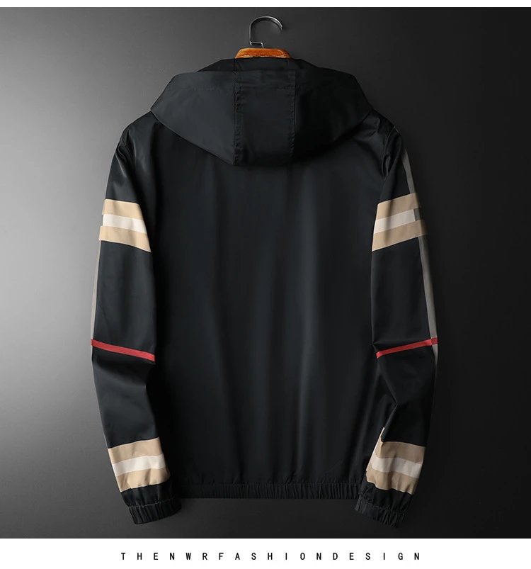 GRA Windbreaker Jacket Black Beige Stripe Hooded Outerwear - 11