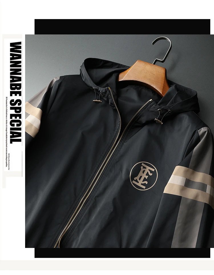 GRA Windbreaker Jacket Black Beige Stripe Hooded Outerwear - 6