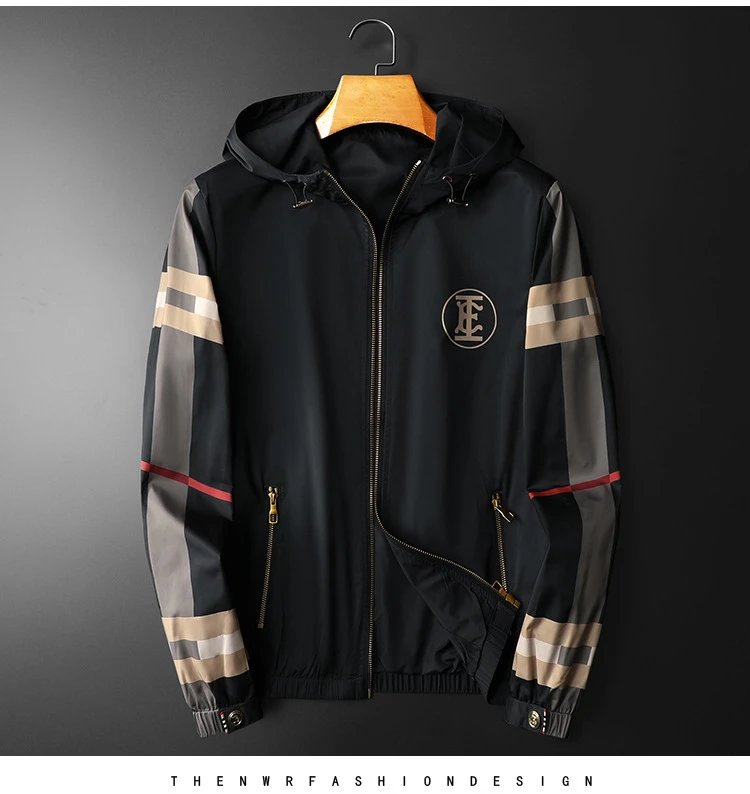 GRA Windbreaker Jacket Black Beige Stripe Hooded Outerwear - 10