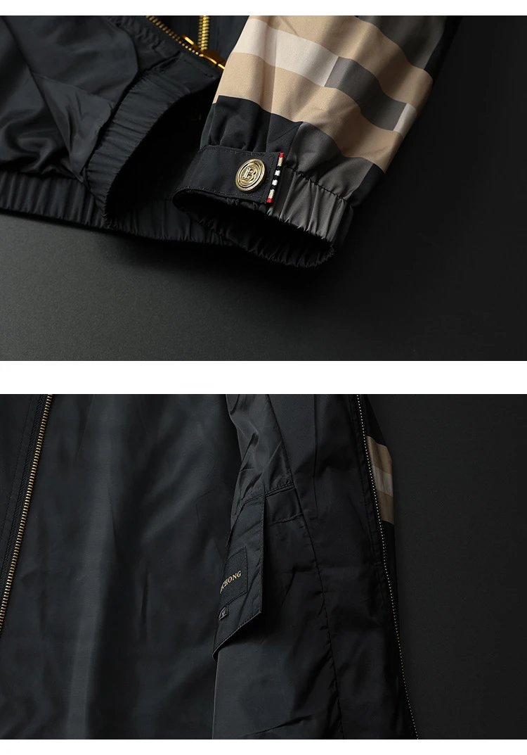 GRA Windbreaker Jacket Black Beige Stripe Hooded Outerwear - 14