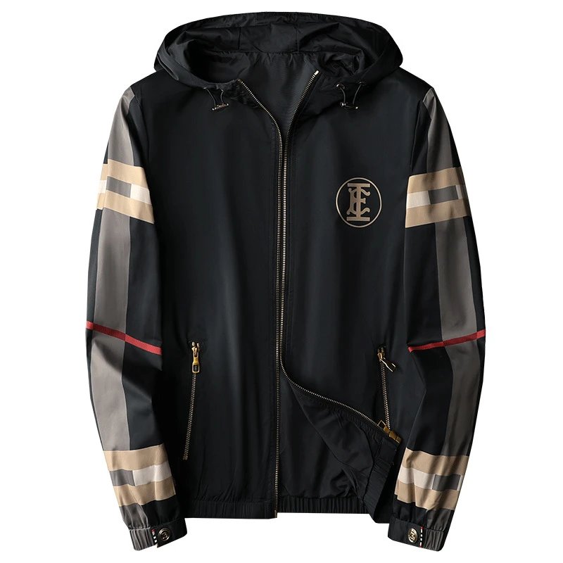 GRA Windbreaker Jacket Black Beige Stripe Hooded Outerwear - 17