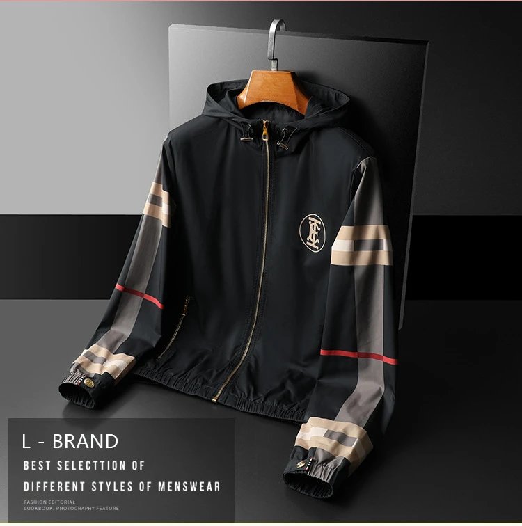 GRA Windbreaker Jacket Black Beige Stripe Hooded Outerwear - 3
