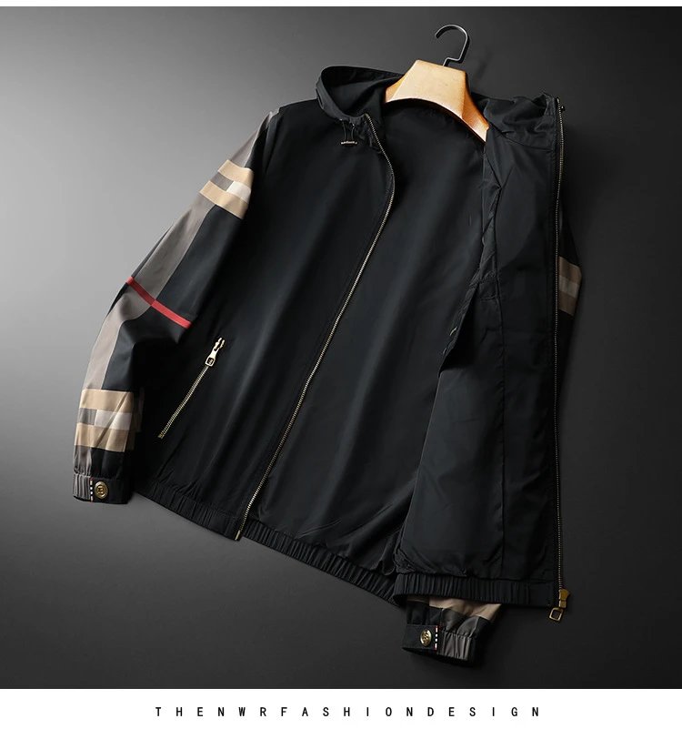 GRA Windbreaker Jacket Black Beige Stripe Hooded Outerwear - 9