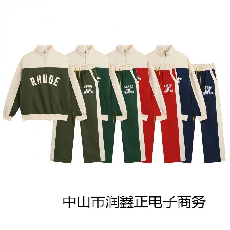 24SS RHUDE Colorblock Fleece-Lined Half-Zip Hoodie and Streetwear Sweatpants Set for Men and Women