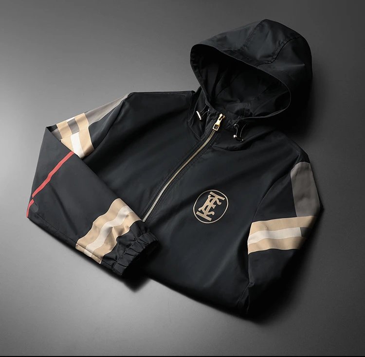 GRA Windbreaker Jacket Black Beige Stripe Hooded Outerwear - 2