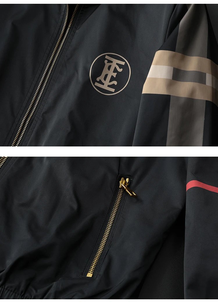 GRA Windbreaker Jacket Black Beige Stripe Hooded Outerwear - 12