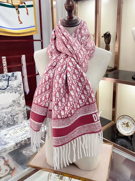 Dior Oblique Print Cashmere Scarf Pink and White - 1