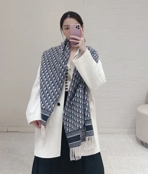 Dior Oblique Print Cashmere Scarf Pink and White - 5