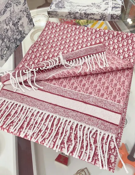 Dior Oblique Print Cashmere Scarf Pink and White - 9