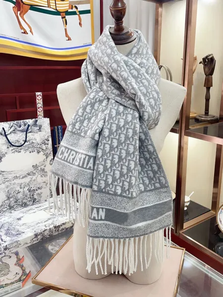 Dior Oblique Print Cashmere Scarf Pink and White - 11