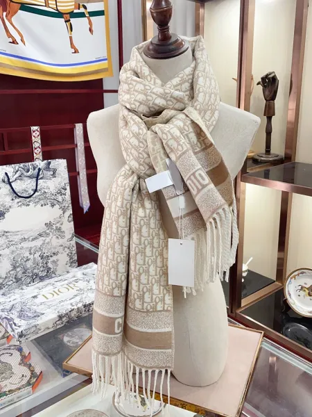 Dior Oblique Print Cashmere Scarf Pink and White - 16
