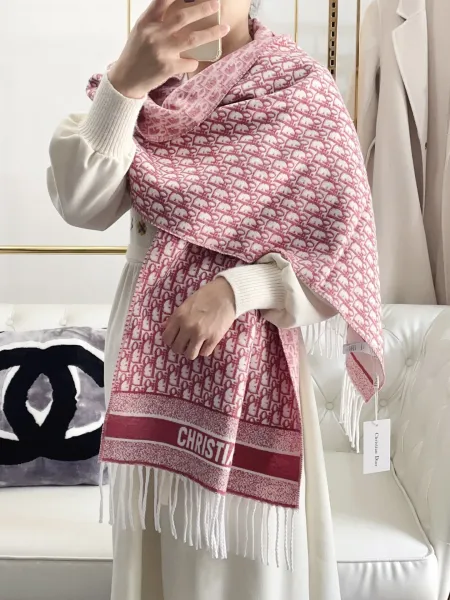 Dior Oblique Print Cashmere Scarf Pink and White - 8