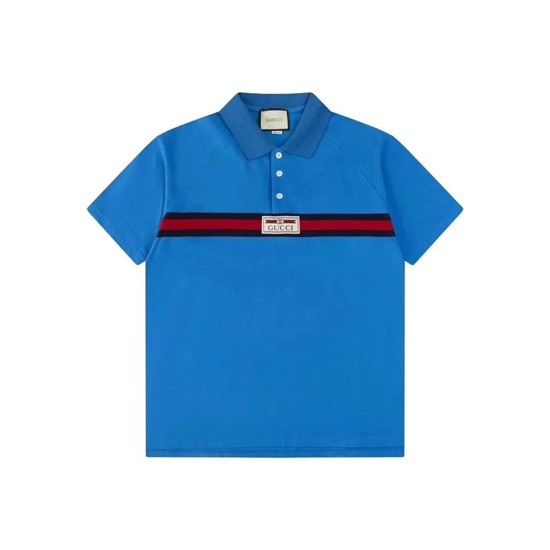 Gucci Shirts Short-Sleeve Polo Shirt — Blue background with horizontal stripes 002