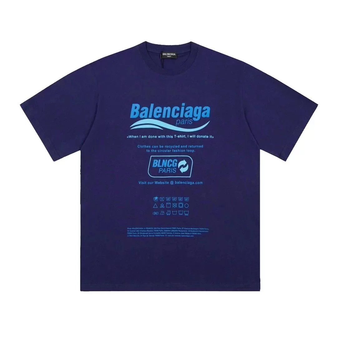 Balenciaga T-Shirts Short-Sleeve Logo Graphic T-Shirt — Blue Blue Letters 002