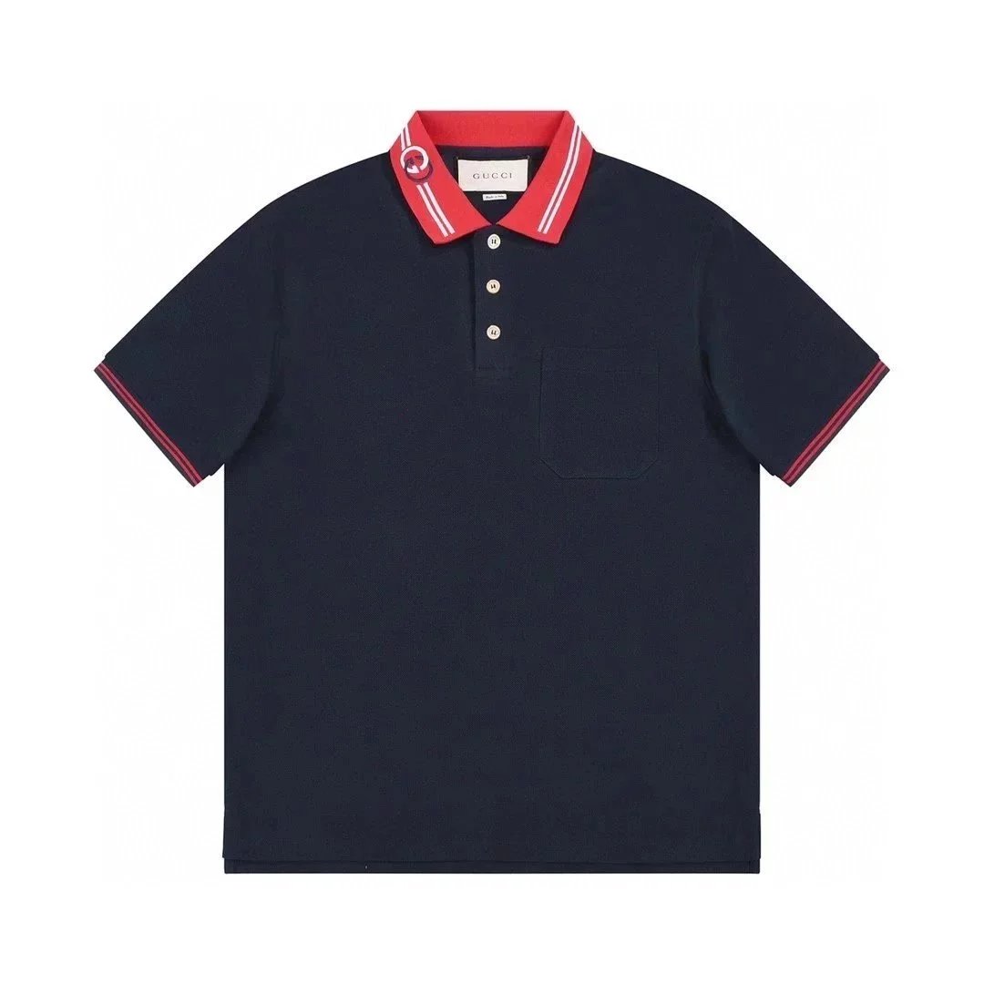 Gucci Shirts Short-Sleeve Polo Shirt — Black background, red collar 002