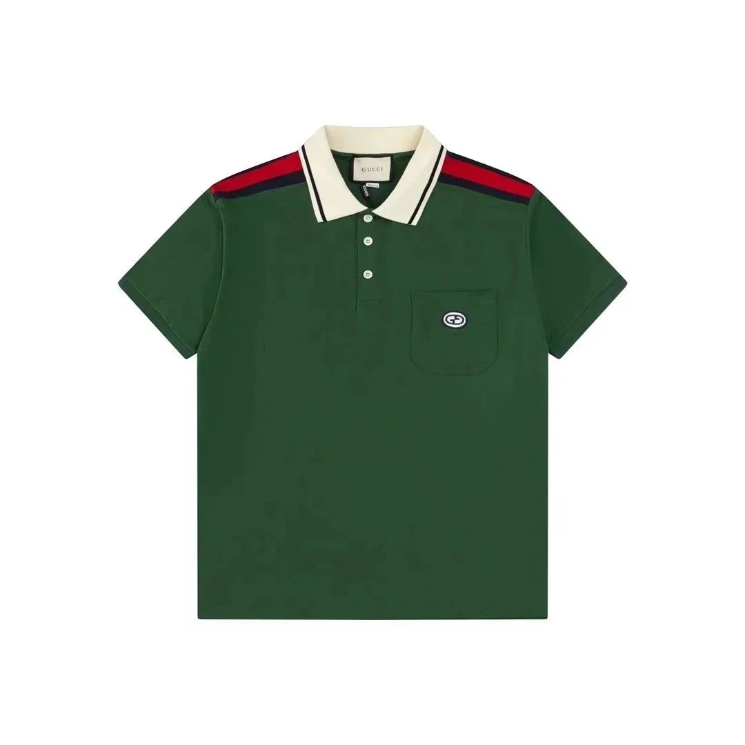 Gucci Shirts Short-Sleeve Polo Shirt — Green base, red and black shoulders 002