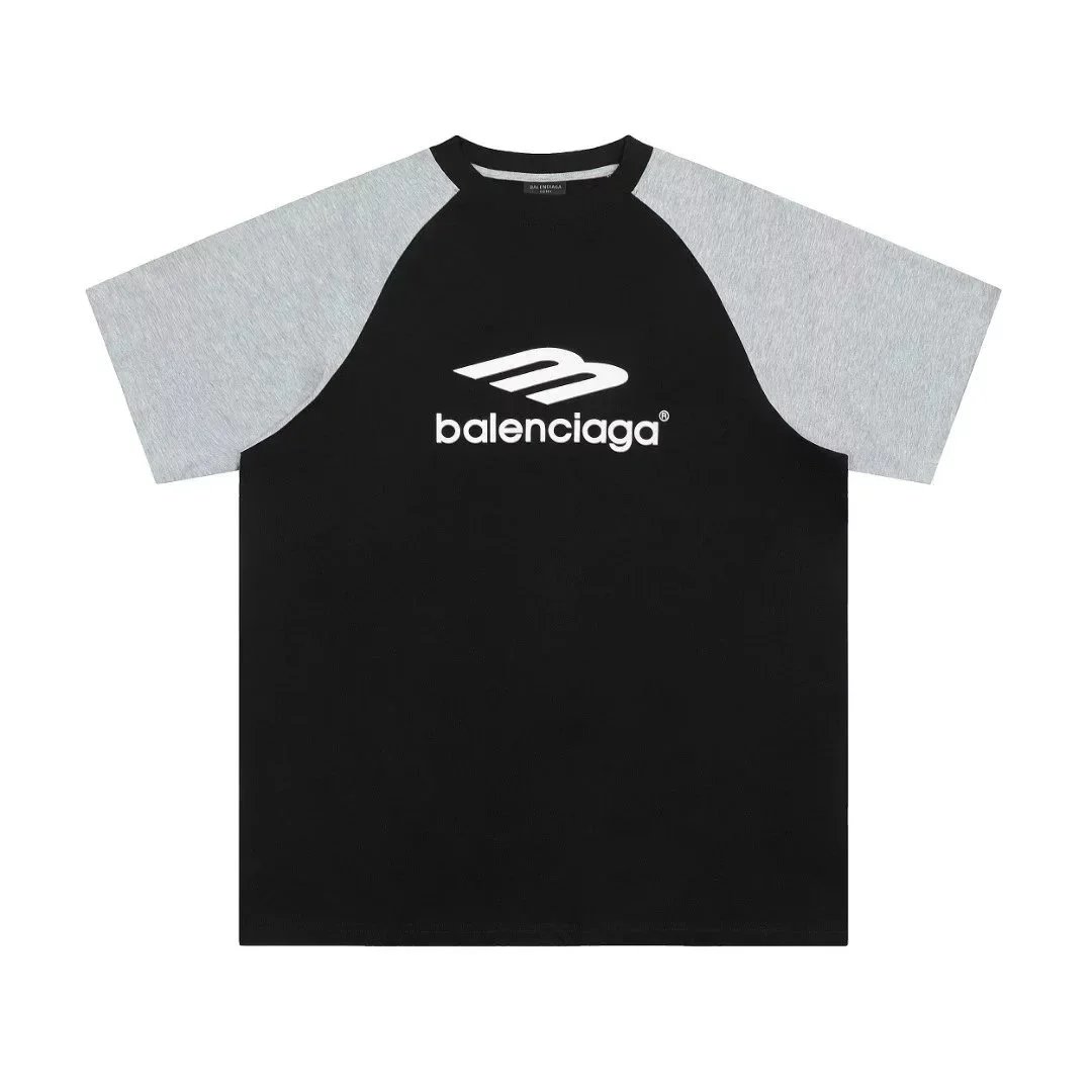Balenciaga T-Shirts Short-Sleeve Logo Graphic T-Shirt — Black, gray, and white letter patch 002